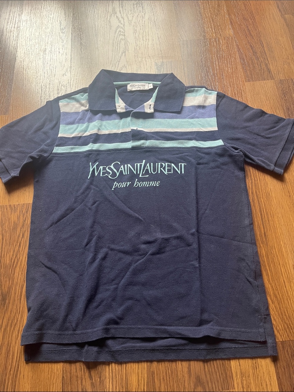 Yves Saint Laurent Navy Polo with Light Blue & Gray Stripes